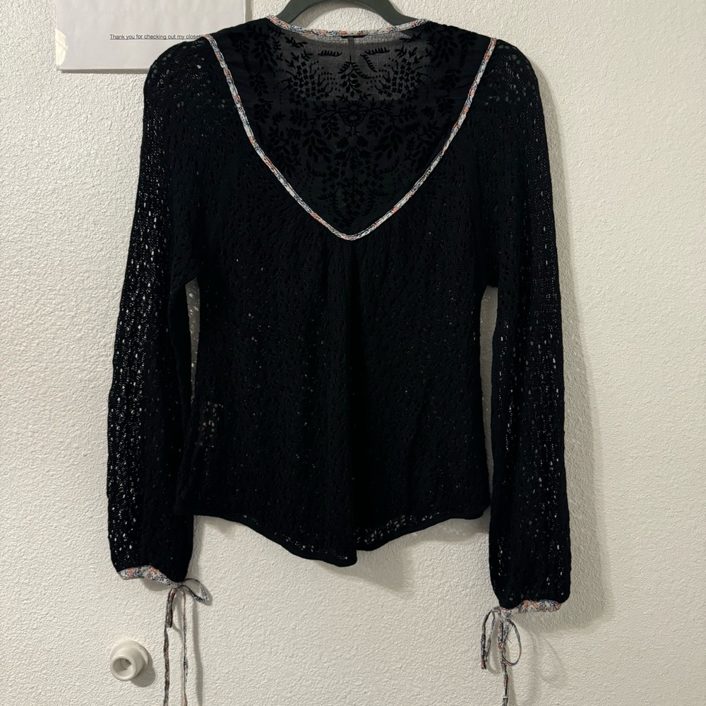 Free People Womens Crochet Top XS‎ Black Contrasting Trim Babydoll Whimsigoth - Picture 3 of 5